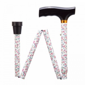 Height-Adjustable Pink Flowers Pattern Folding Walking Stick